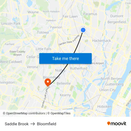 Saddle Brook to Bloomfield map