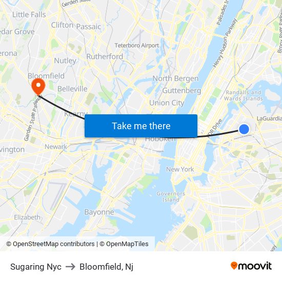 Sugaring Nyc to Bloomfield, Nj map