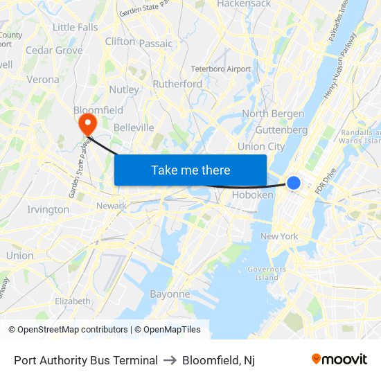 Port Authority Bus Terminal to Bloomfield, Nj map