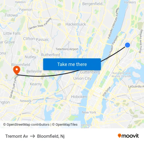 Tremont Av to Bloomfield, Nj map
