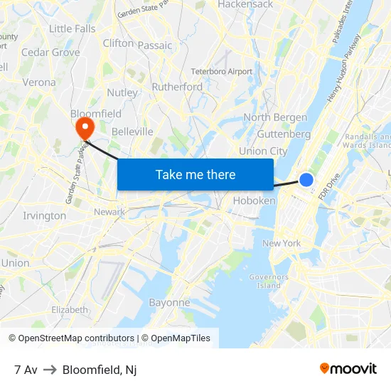 7 Av to Bloomfield, Nj map