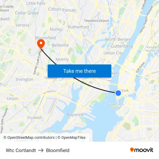 Wtc Cortlandt to Bloomfield map
