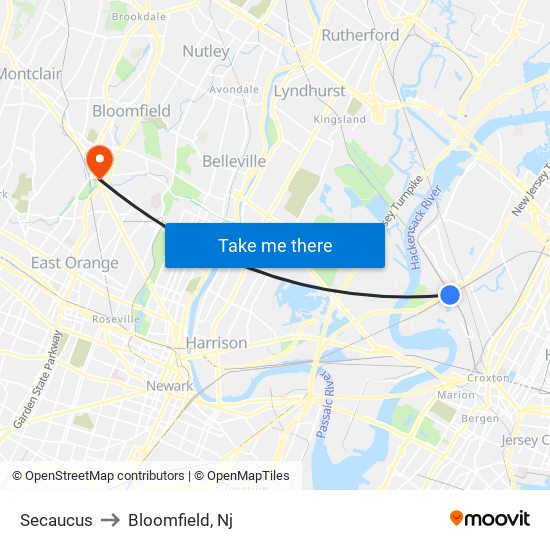 Secaucus to Bloomfield, Nj map