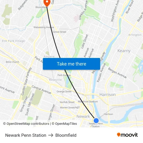 Newark Penn Station to Bloomfield map