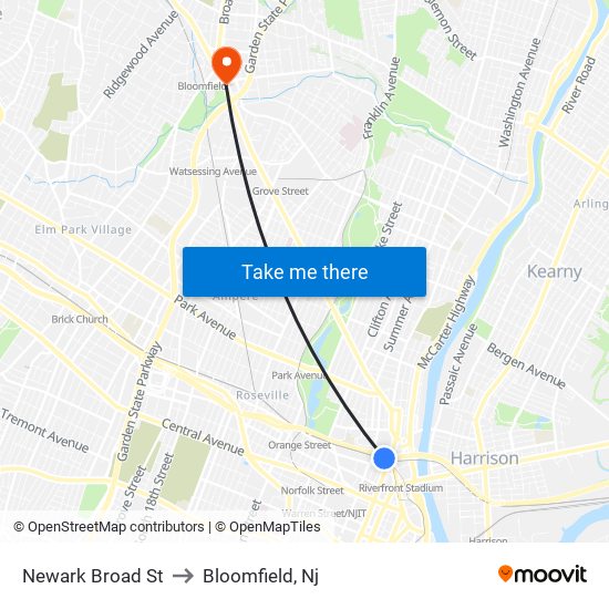 Newark Broad St to Bloomfield, Nj map