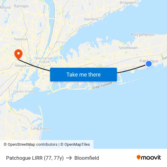 Patchogue LIRR (77, 77y) to Bloomfield map