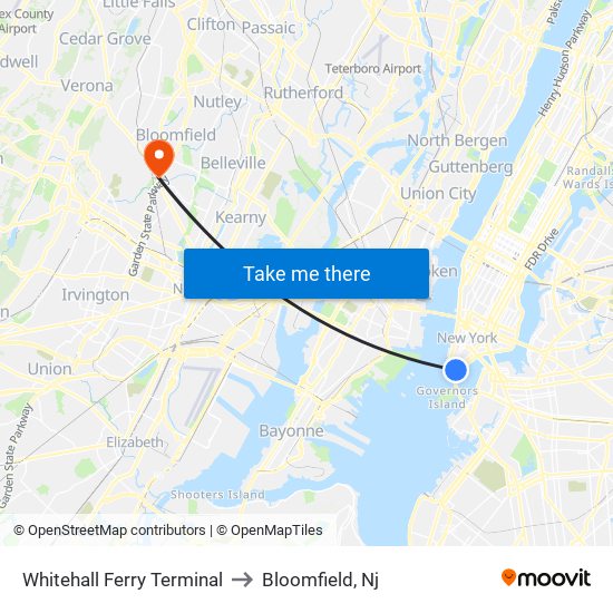 Whitehall Ferry Terminal to Bloomfield, Nj map