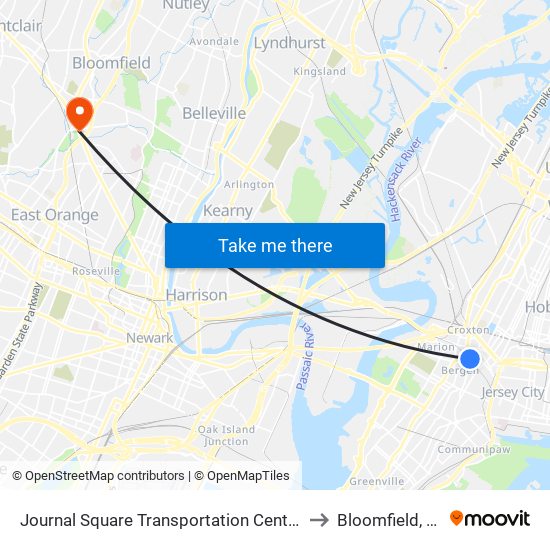 Journal Square Transportation Center to Bloomfield, Nj map