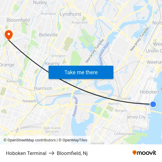 Hoboken Terminal to Bloomfield, Nj map
