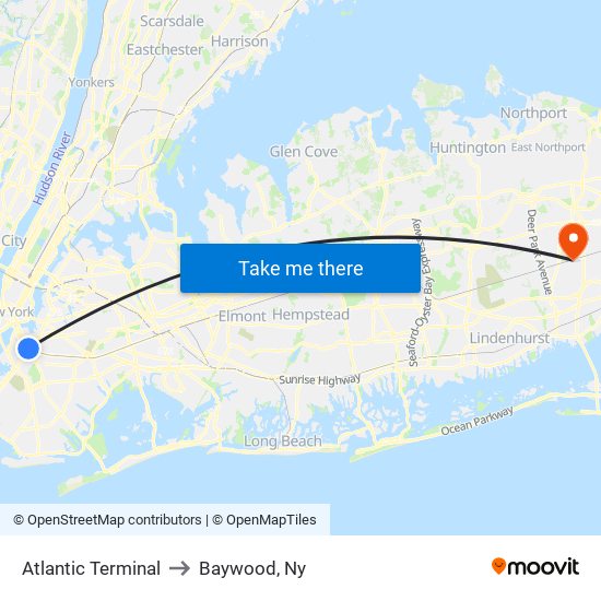 Atlantic Terminal to Baywood, Ny map