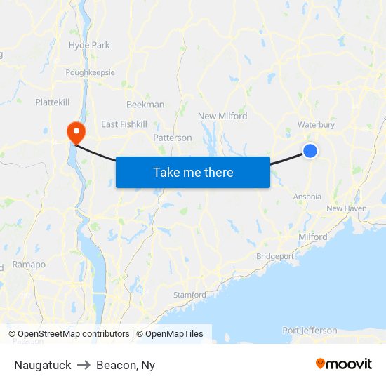 Naugatuck to Beacon, Ny map