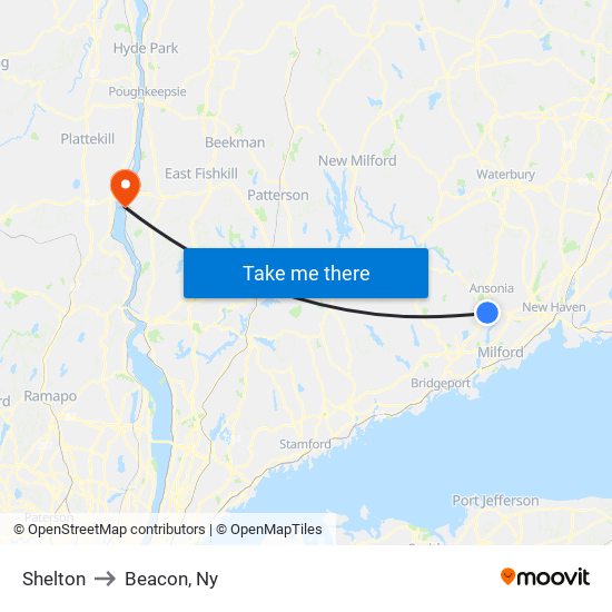 Shelton to Beacon, Ny map