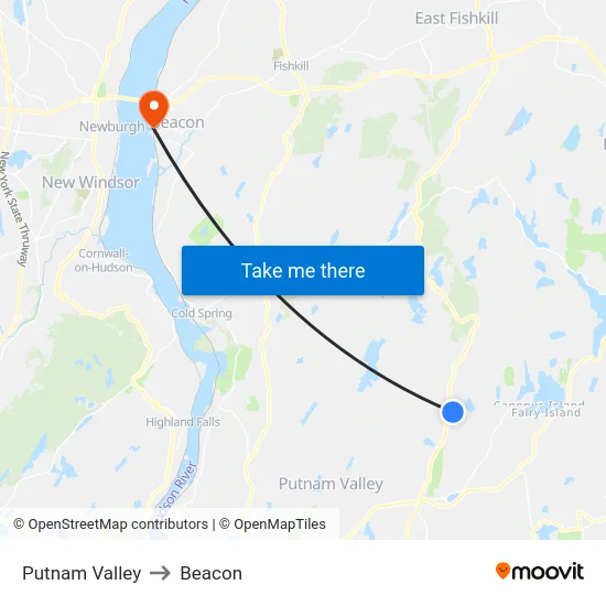 Putnam Valley to Beacon map
