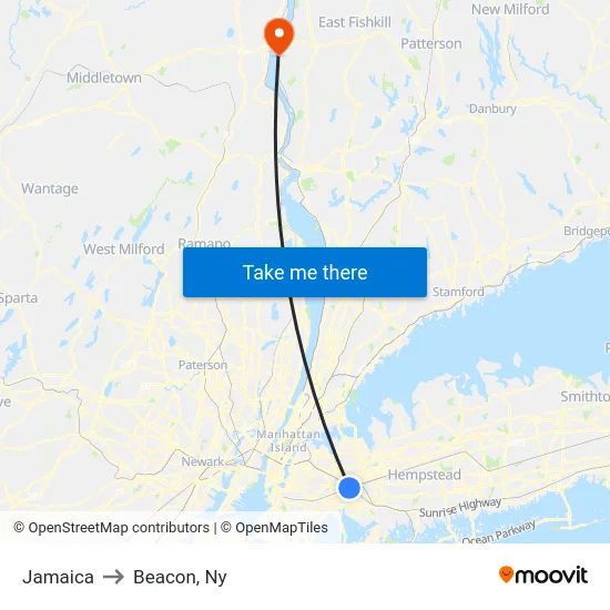 Jamaica to Beacon, Ny map
