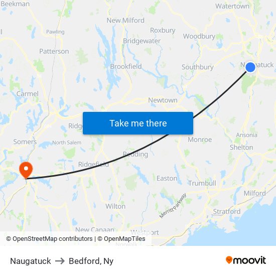 Naugatuck to Bedford, Ny map