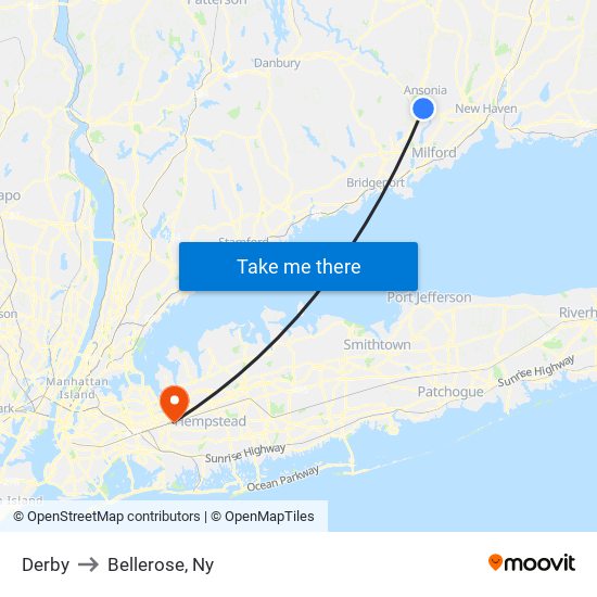 Derby to Bellerose, Ny map