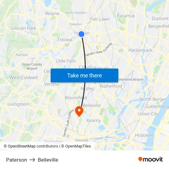 Paterson to Belleville map