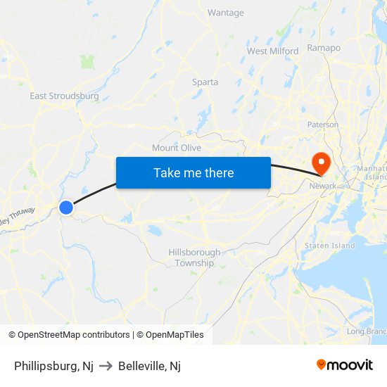 Phillipsburg, Nj to Belleville, Nj map