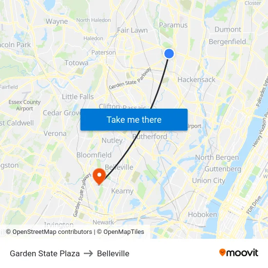 Garden State Plaza to Belleville map