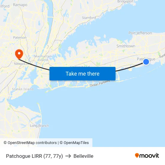 Patchogue LIRR (77, 77y) to Belleville map