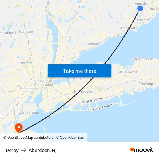 Derby to Aberdeen, Nj map