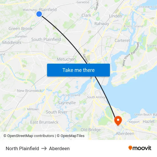 North Plainfield to Aberdeen map