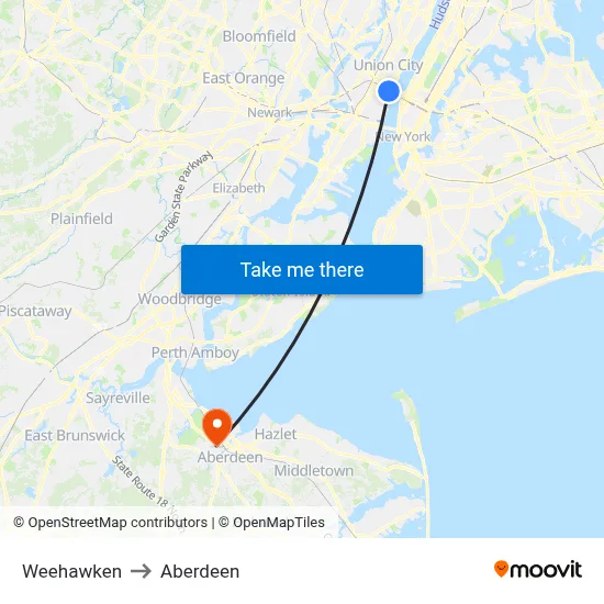 Weehawken to Aberdeen map