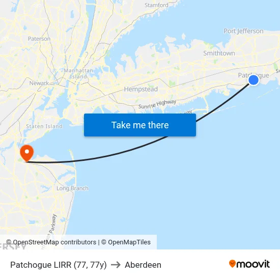 Patchogue LIRR (77, 77y) to Aberdeen map