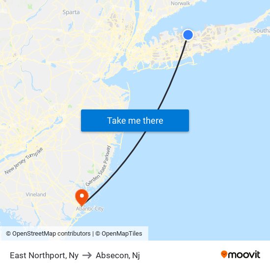 East Northport, Ny to Absecon, Nj map