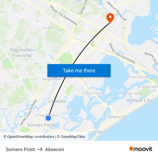 Somers Point to Absecon map