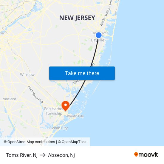 Toms River, Nj to Absecon, Nj map