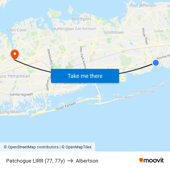 Patchogue LIRR (77, 77y) to Albertson map