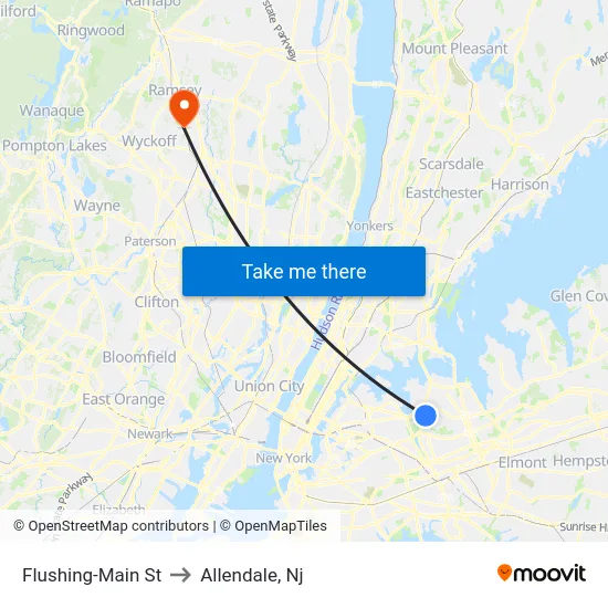 Flushing-Main St to Allendale, Nj map