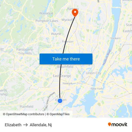 Elizabeth to Allendale, Nj map