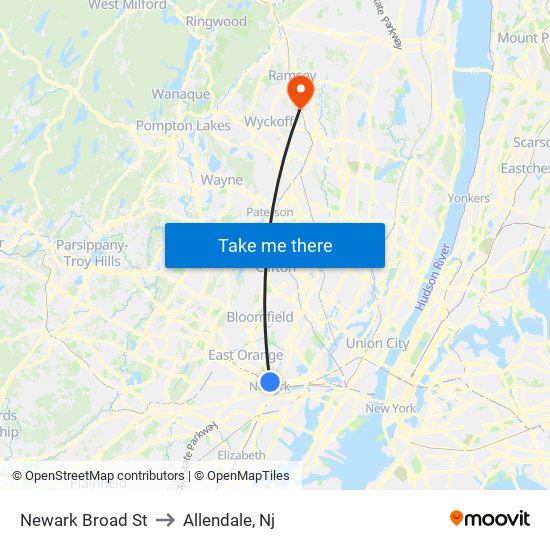 Newark Broad St to Allendale, Nj map