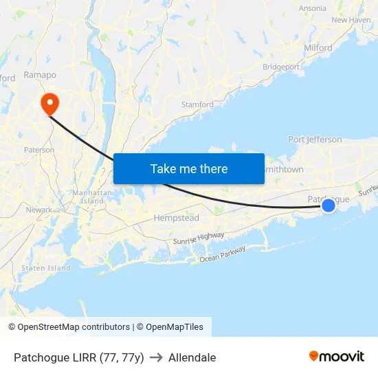 Patchogue LIRR (77, 77y) to Allendale map