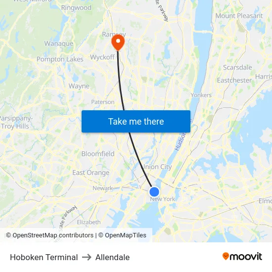 Hoboken Terminal to Allendale map