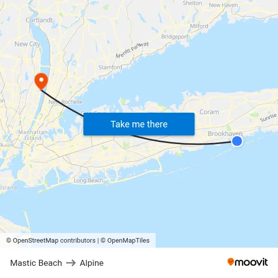 Mastic Beach to Alpine map