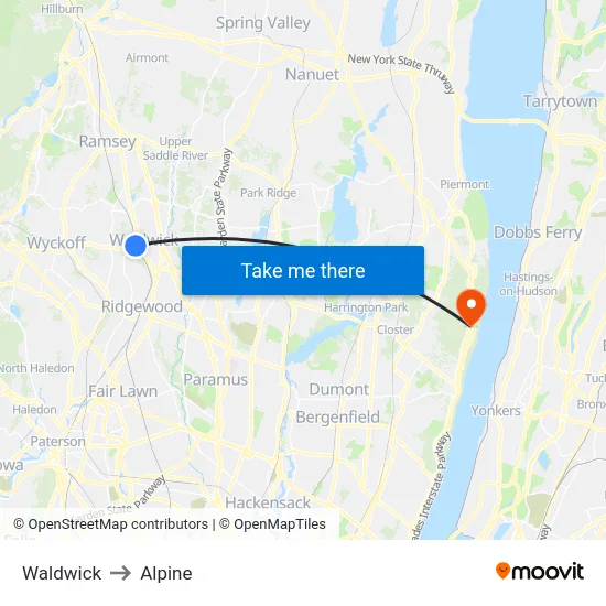 Waldwick to Alpine map