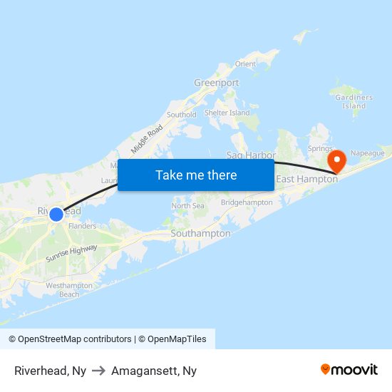 Riverhead, Ny to Amagansett, Ny map