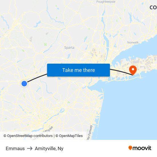 Emmaus to Amityville, Ny map