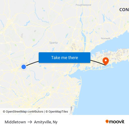 Middletown to Amityville, Ny map