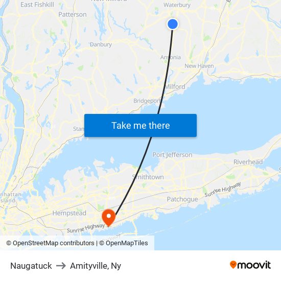 Naugatuck to Amityville, Ny map