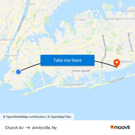 Church Av to Amityville, Ny map