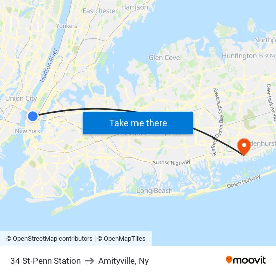34 St-Penn Station to Amityville, Ny map