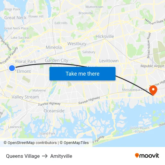 Queens Village to Amityville map