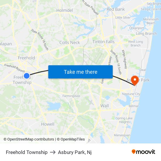 Freehold Township to Asbury Park, Nj map