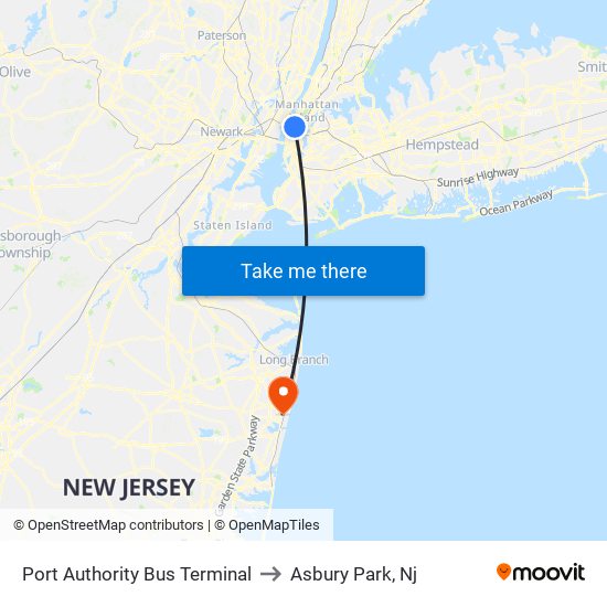 Port Authority Bus Terminal to Asbury Park, Nj map