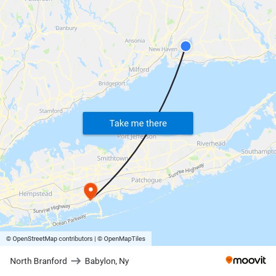 North Branford to Babylon, Ny map