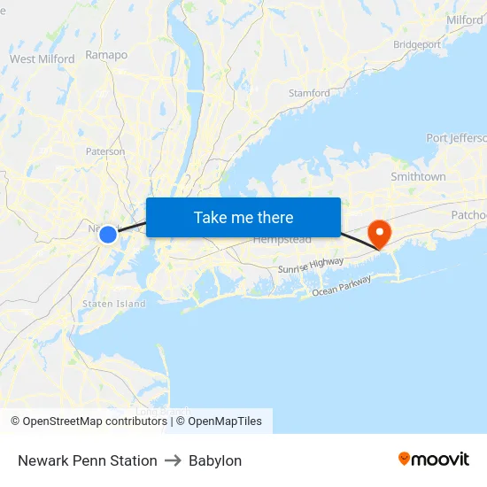 Newark Penn Station to Babylon map